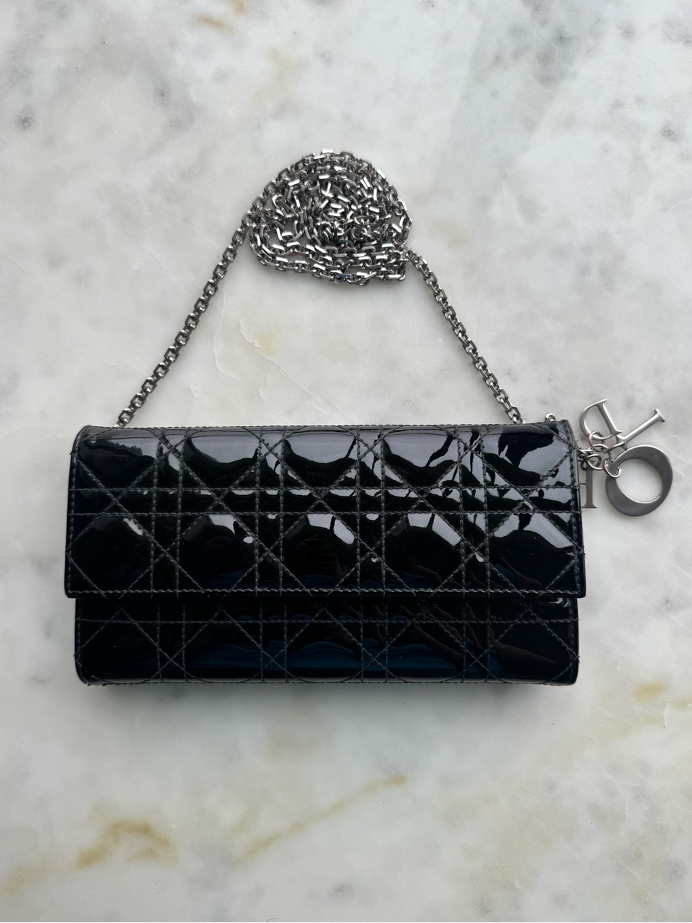 Vintage Christian Dior Black Patent Cannage Wallet On Chain WOC